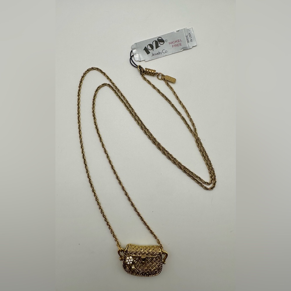 Vintage 1928 Purse Pendant Necklace Rhinestone Hinge Opens Gold Tone 28" New NWT